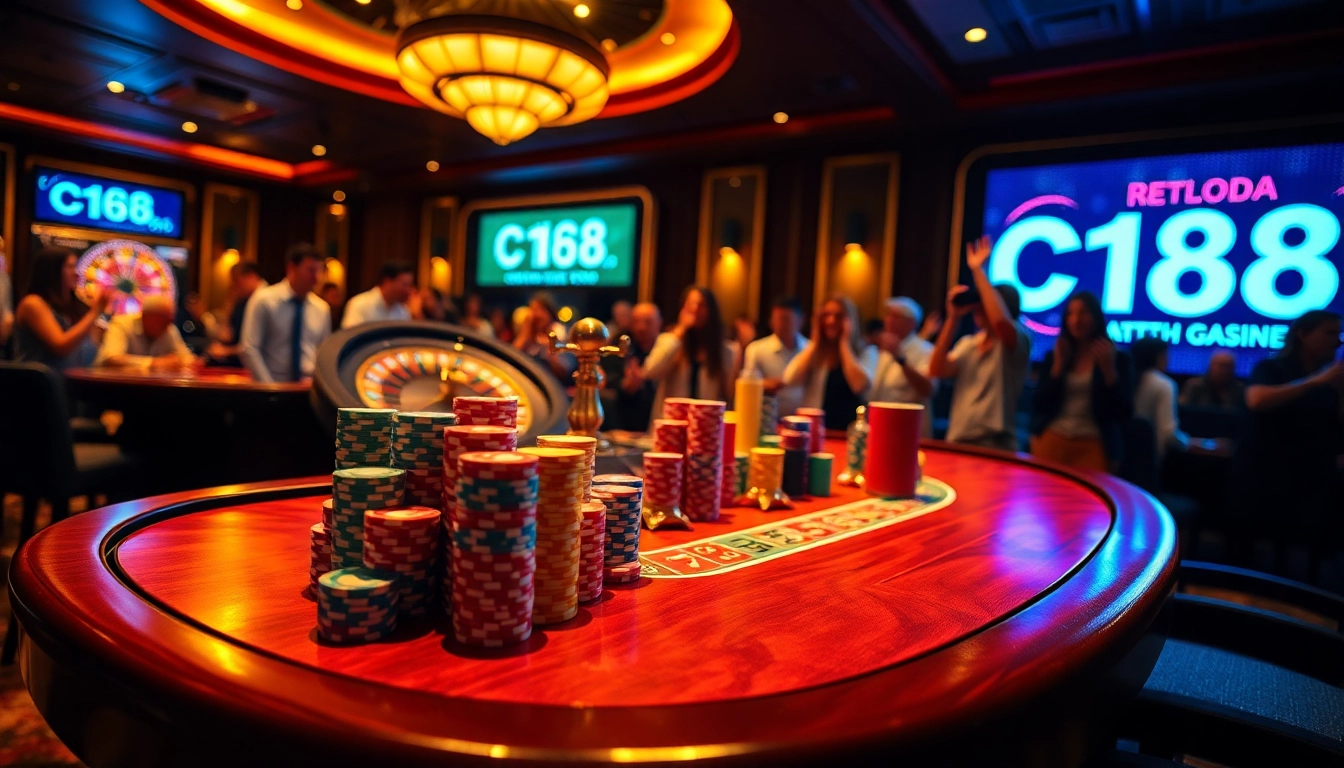 C168 promotional event at a vibrant casino with players enjoying poker and roulette.
