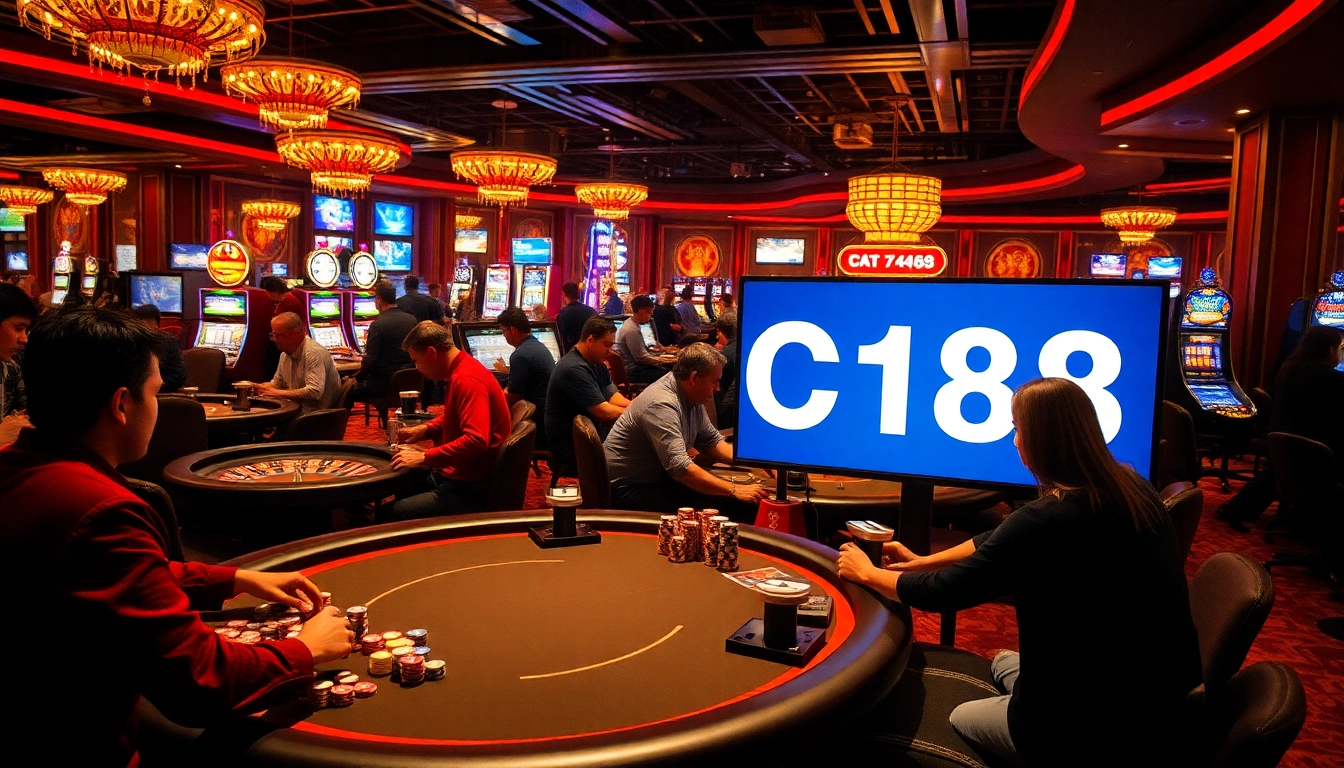 C168 casino scene with players at poker tables, vibrant atmosphere and roulette wheel.