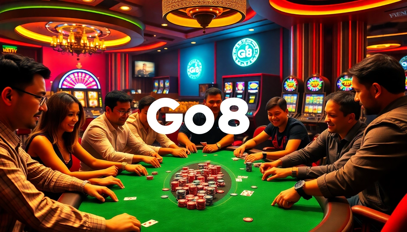 Go8 casino enthusiasts strategizing in an electrifying poker game with dynamic lighting.