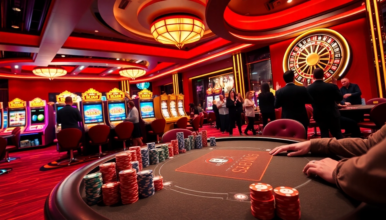 Explore the excitement of go8.chat with gamblers engaged in thrilling poker games amidst vibrant casino lights.