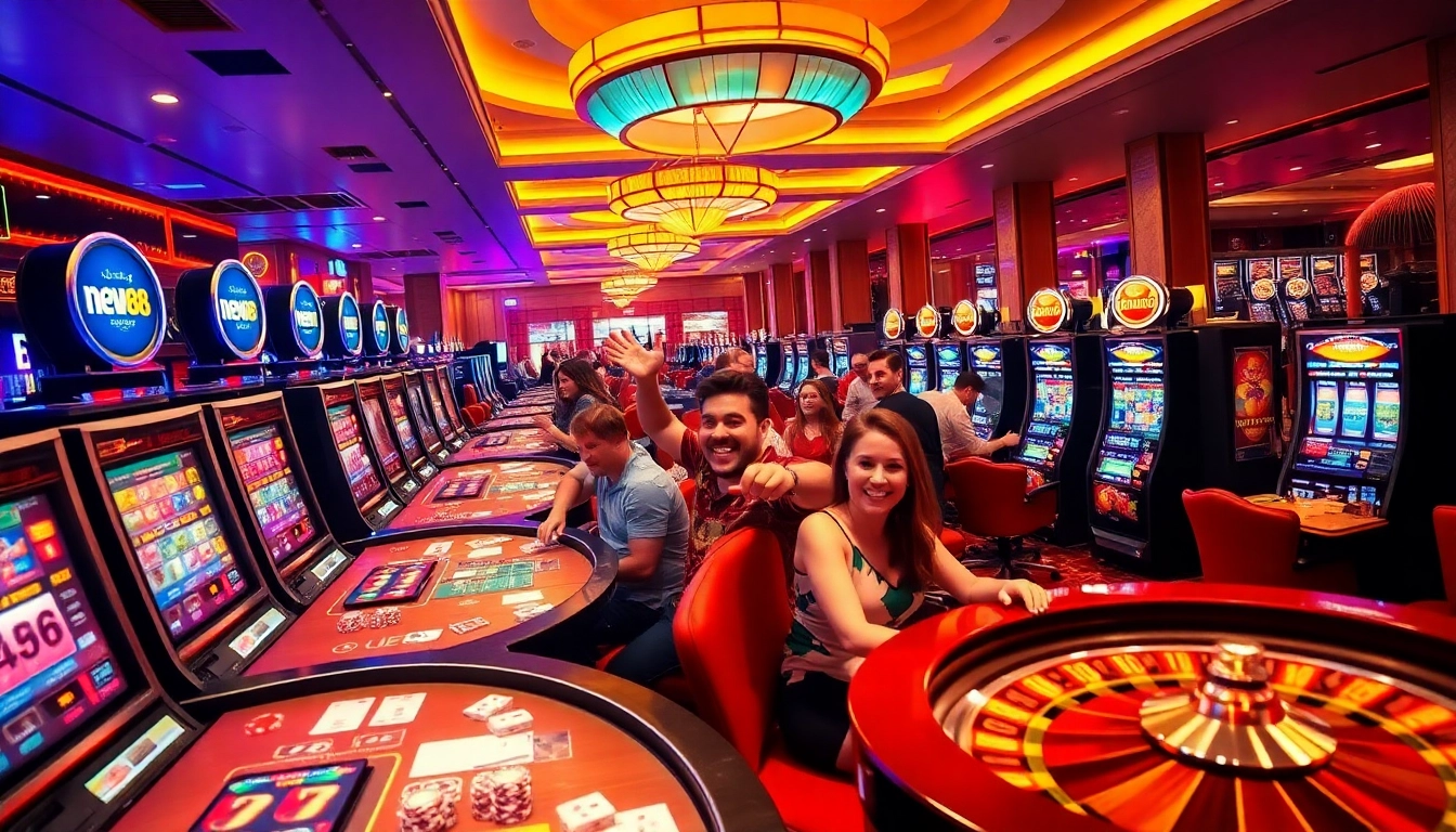Experience the excitement of new88 at a vibrant casino, featuring slot machines and lively gaming tables.