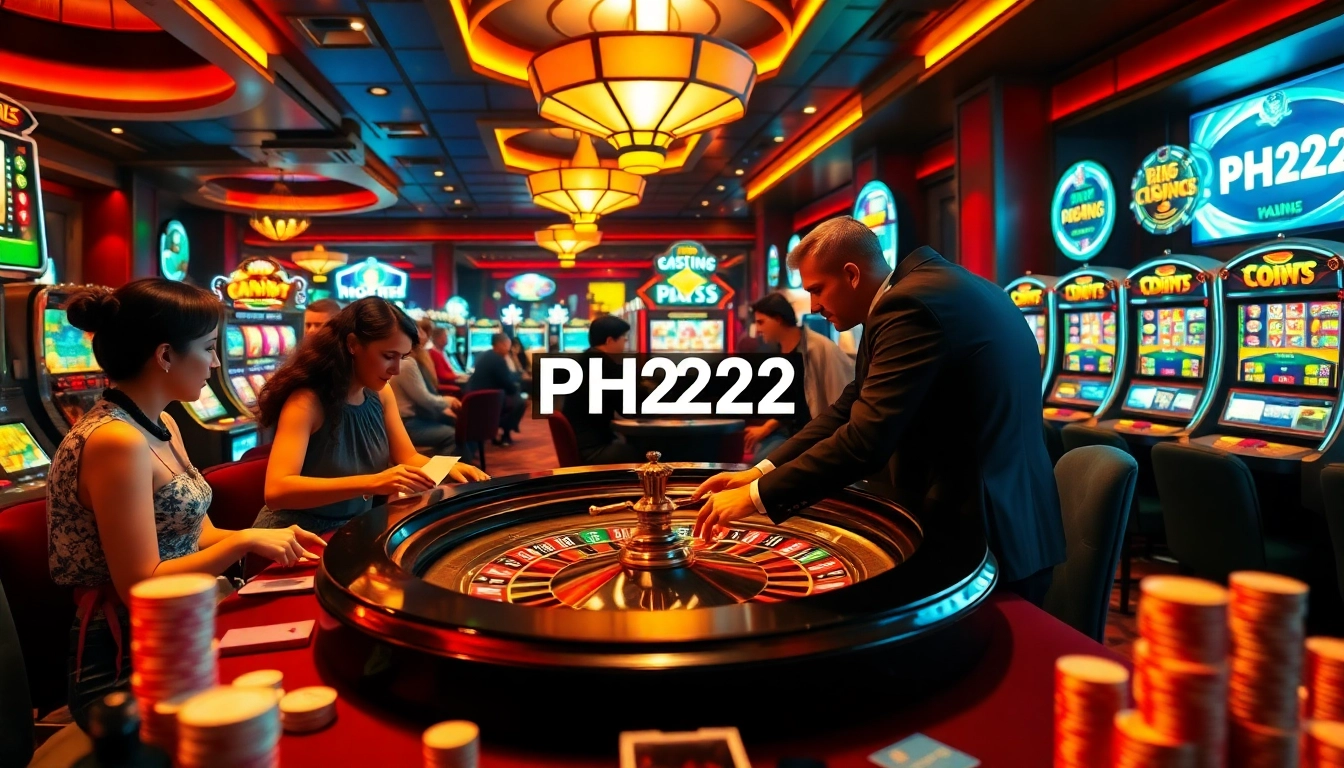 Players experience the thrill of winning at PH222, enjoying vibrant slot machines and a roulette table in a lively casino.