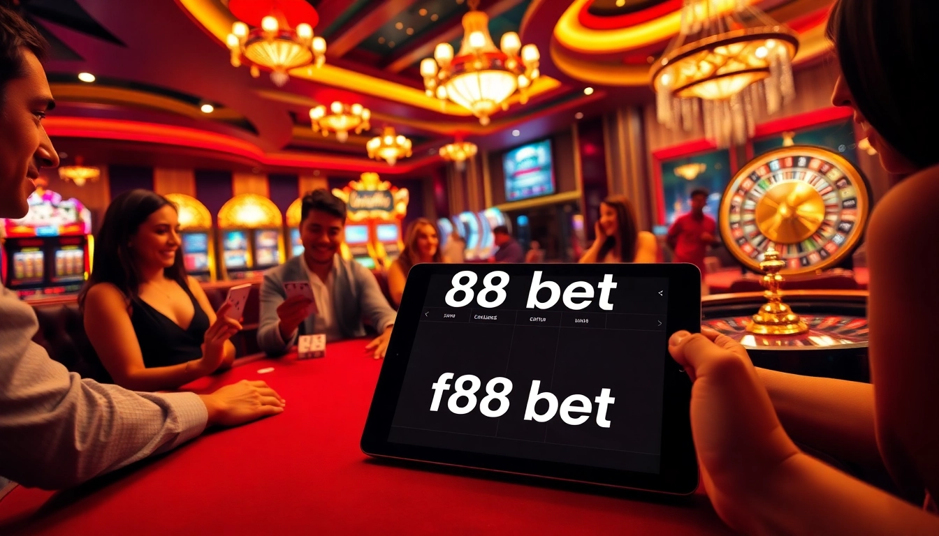 Players enjoying table games at a casino, highlighting the f88 bet excitement and luxury.