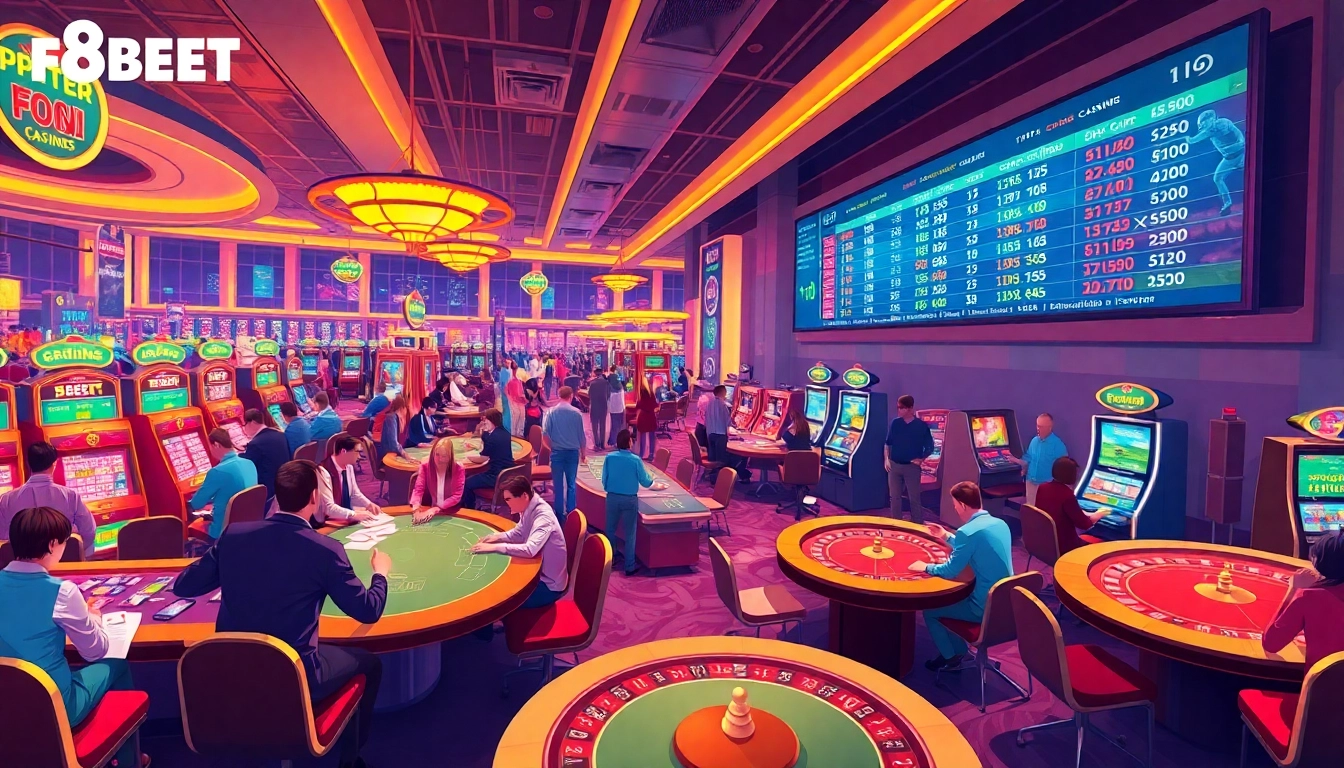 Dynamic scene at an F8BET casino table, featuring players engaged in poker and roulette for an immersive gambling experience.
