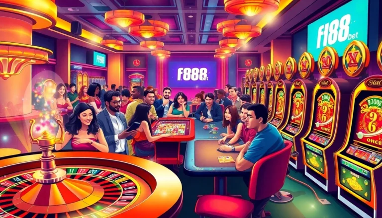 f88 bet: Players enjoying exciting games at a vibrant casino, showcasing roulette, blackjack, and slot machines.