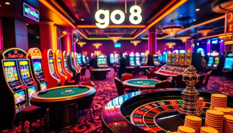Experience the excitement of go8 at vibrant casino tables filled with slot machines, poker games, and roulette wheels.