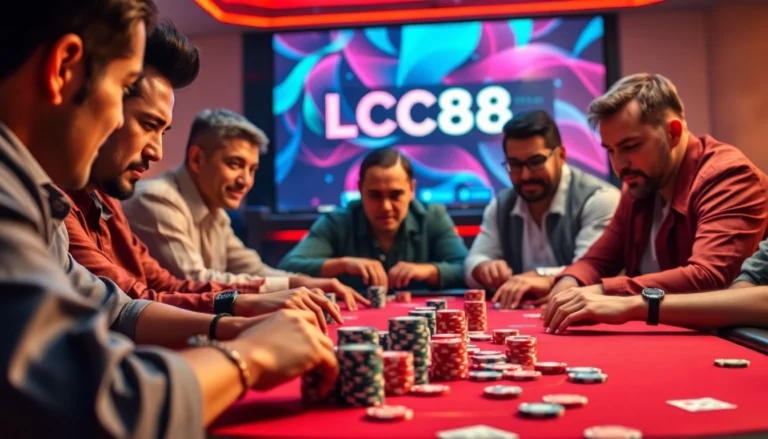 LC88 poker game in action, showcasing players' intense strategies with vibrant chips and cards.