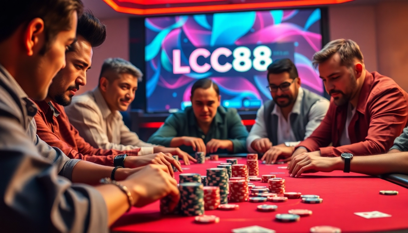 LC88 poker game in action, showcasing players' intense strategies with vibrant chips and cards.